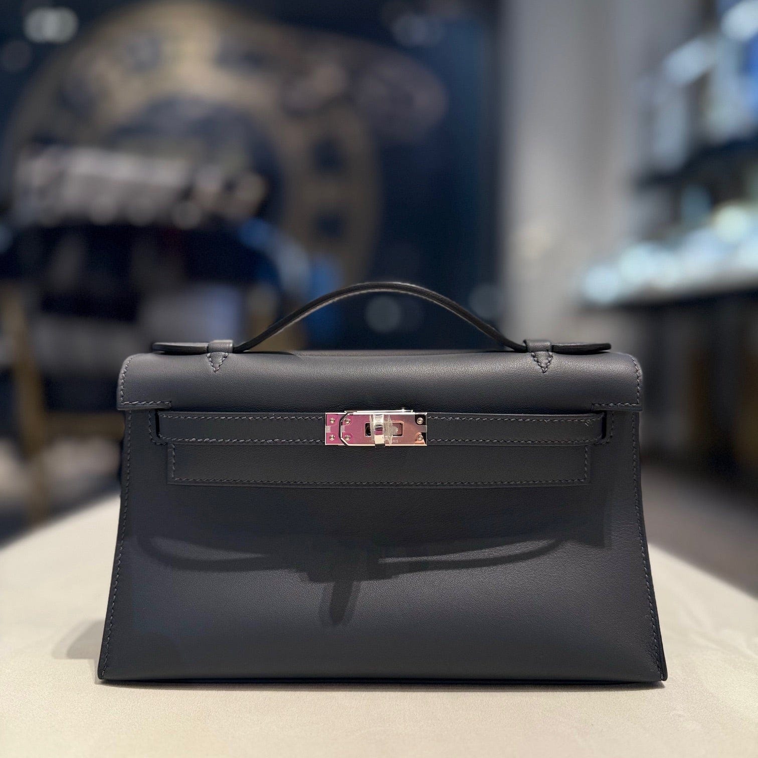 Hermès H0 Gris Kelly Pochette Swift Leather Palladium Hardware